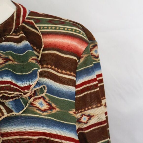 Chaps Southwestern Print 3/4 Sleeve Ruffled Mesh Lace-Up Top XL - Picture 2 of 6